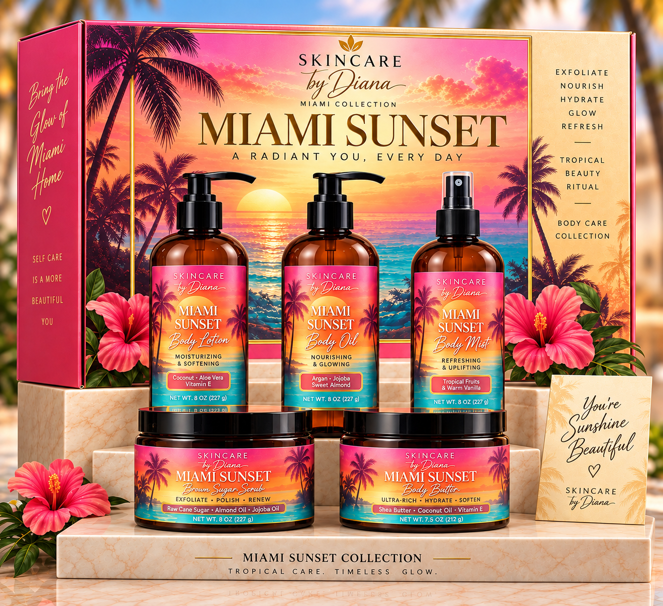 Skincare by Diana Miami Sunset Body Ritual collection in a gift box