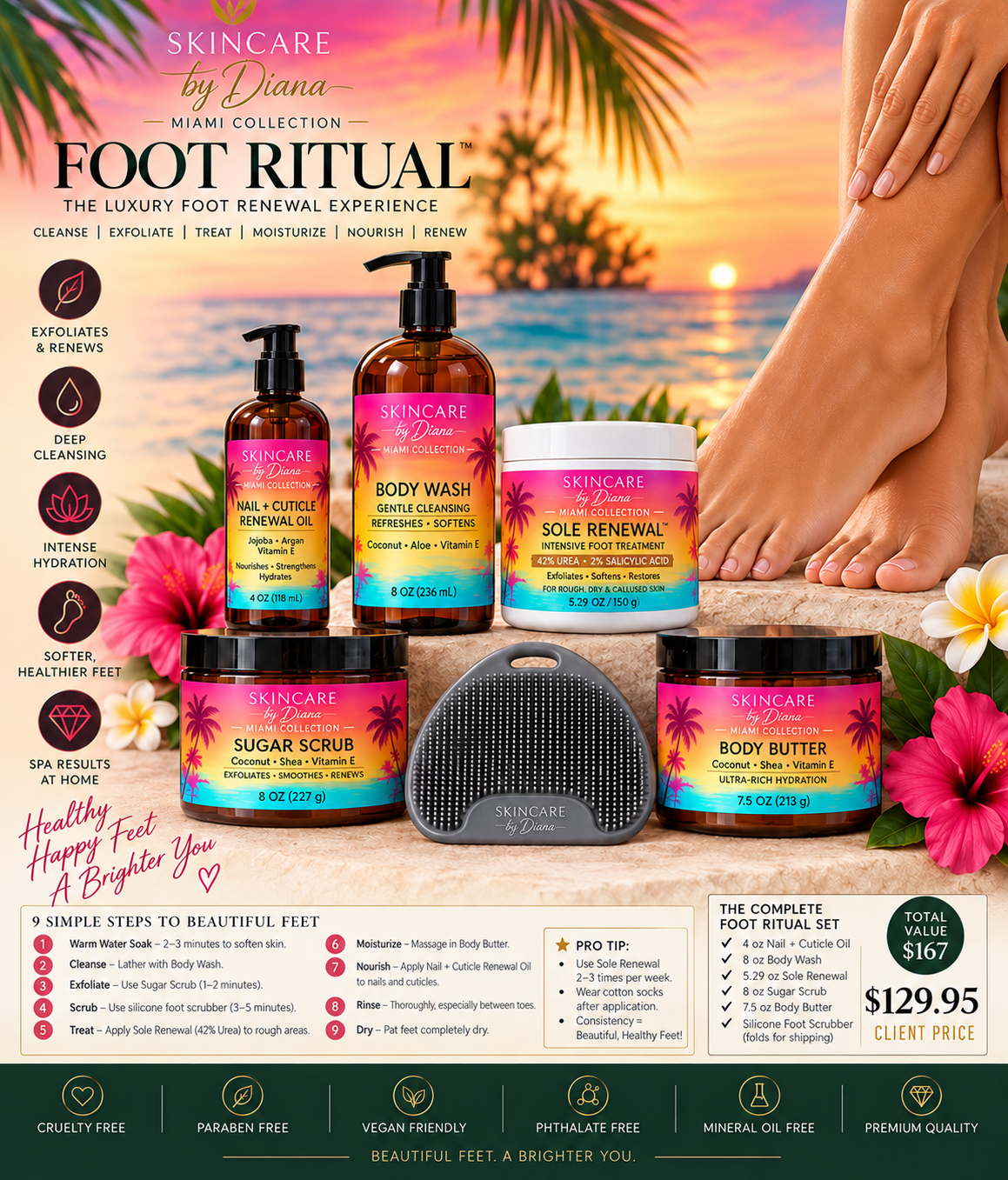 Skincare by Diana Miami Collection Foot Ritual with five labeled foot-care products